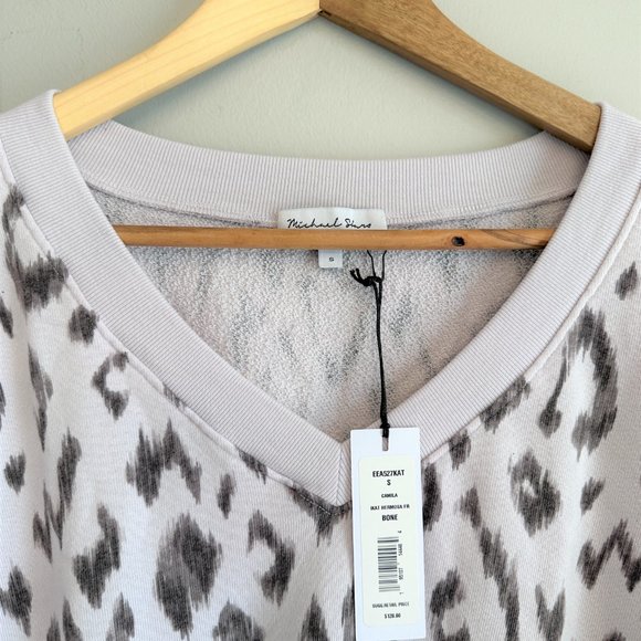 Michael Stars NEW Bone & Black Leopard Camila V-Neck Sweatshirt Women Terry SMAL - Picture 4 of 7